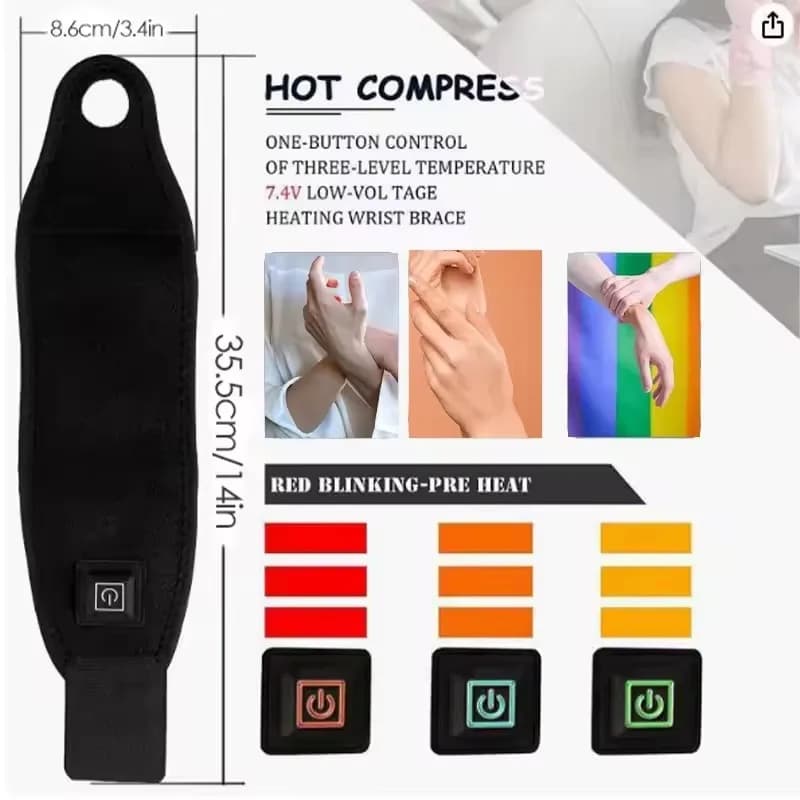 Fascia da polso riscaldata elettricamente 2026 con cinturino nero regolabile e traspirante per sport e protezione delle articolazioni della mano, USB