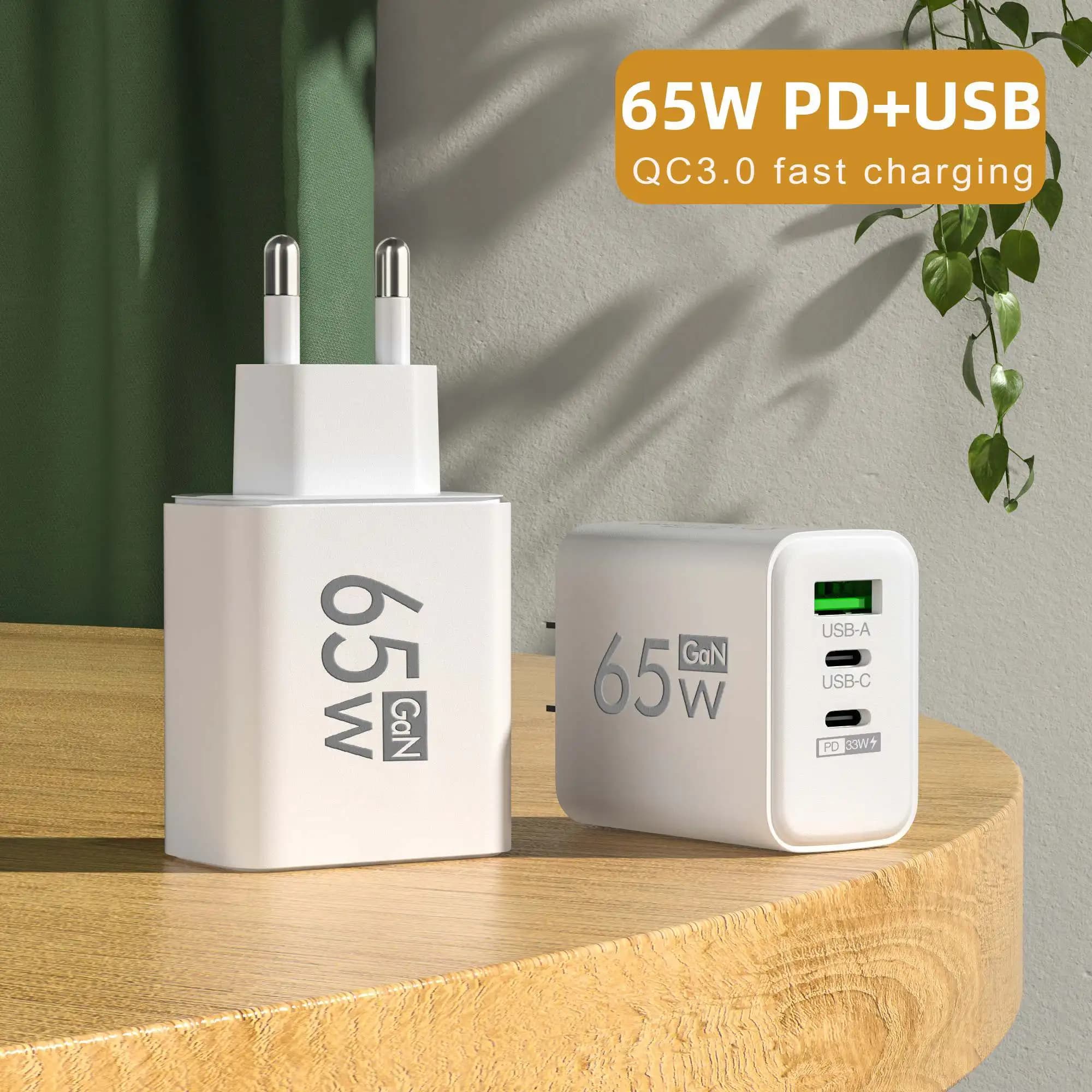 Caricatore da muro a ricarica rapida GaN USB tipo C UE/USA/KR da 65 W per iPhone Samsung Xiaomi Adattatore di ricarica per telefono a ricarica rapida