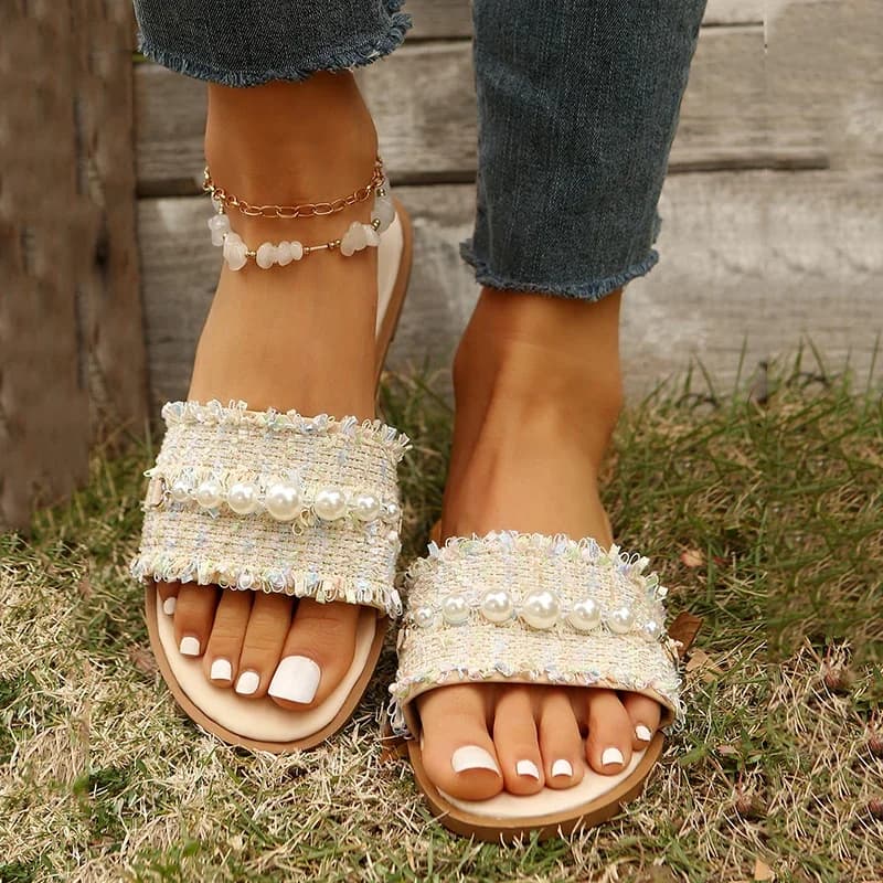 Moda Tweed Panno Appartamenti Pantofole Donna 2025 String Bead Plus Size 36-43 Sandali estivi Donna Leggero Scivoli da esterno Donna