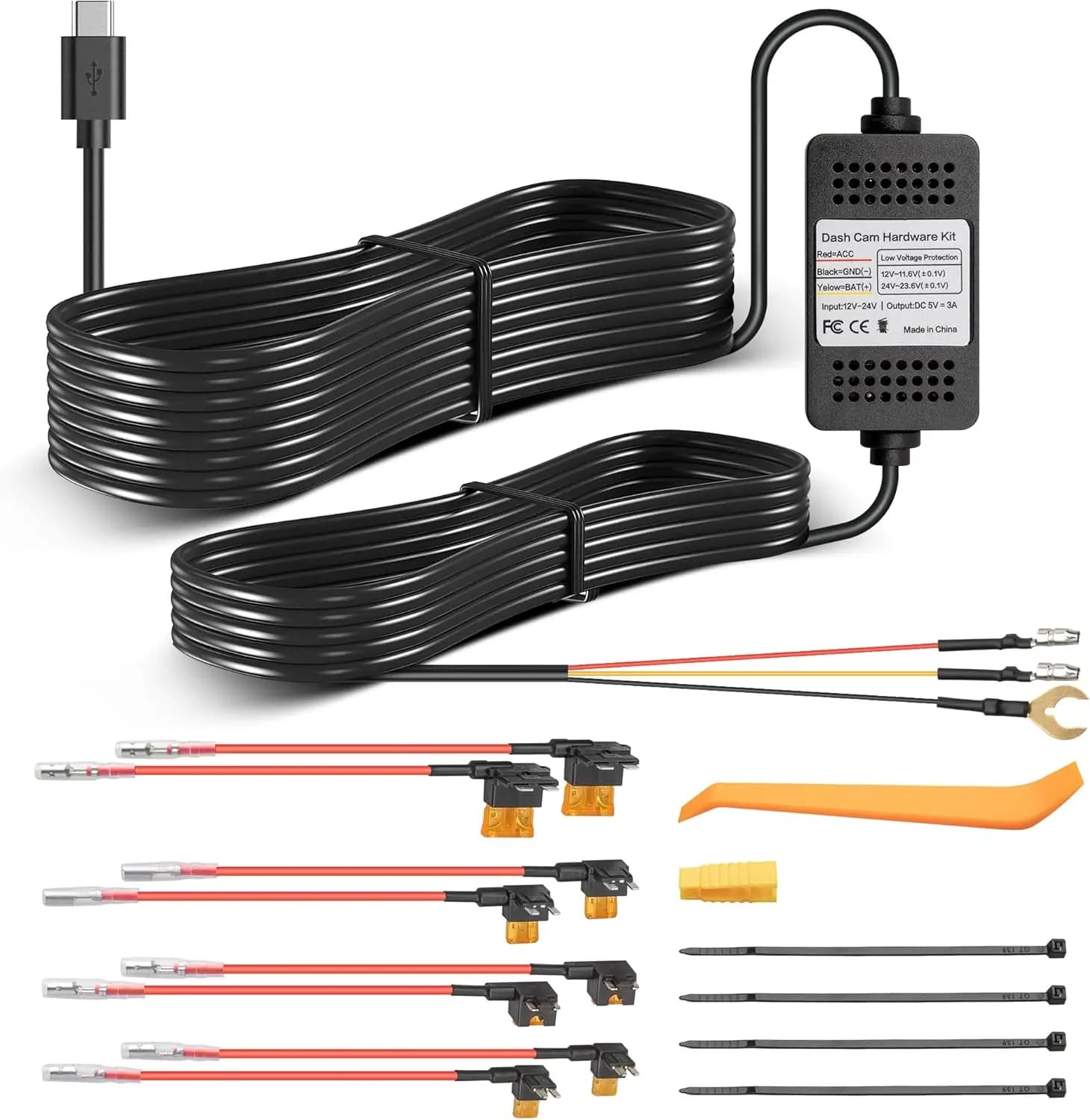 Type-C USB Wiring Kit for Dash Cam with Parking Monitor 24H, Low Voltage Protection, 3.5m Cable