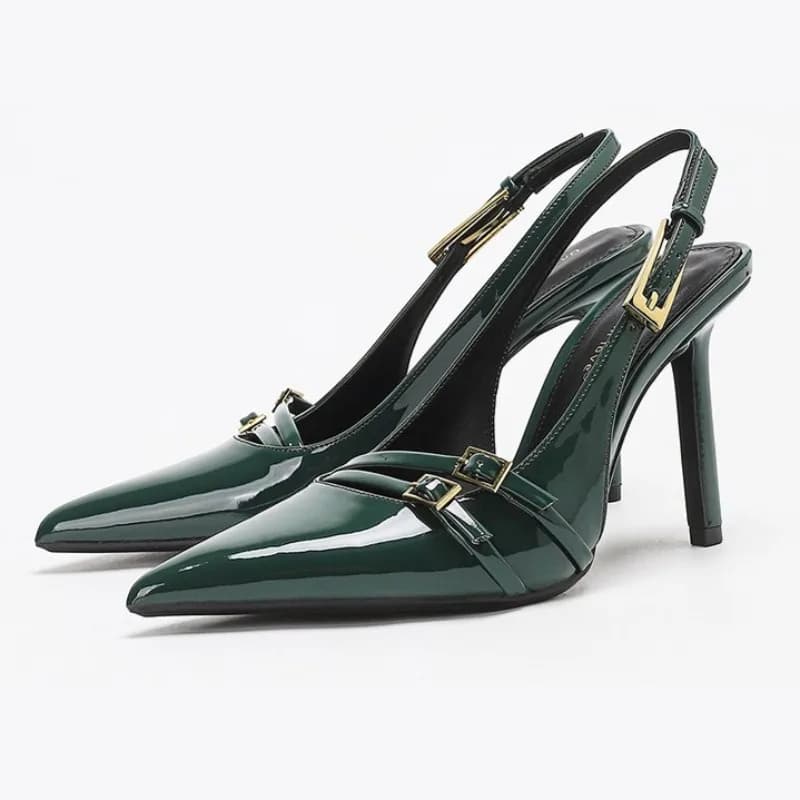Luxury Patent Leather Designer High Heels Women Belt Buckle Design Elegant Women Pumps Sexy Pointed Toe Back Strap Dress Shoes