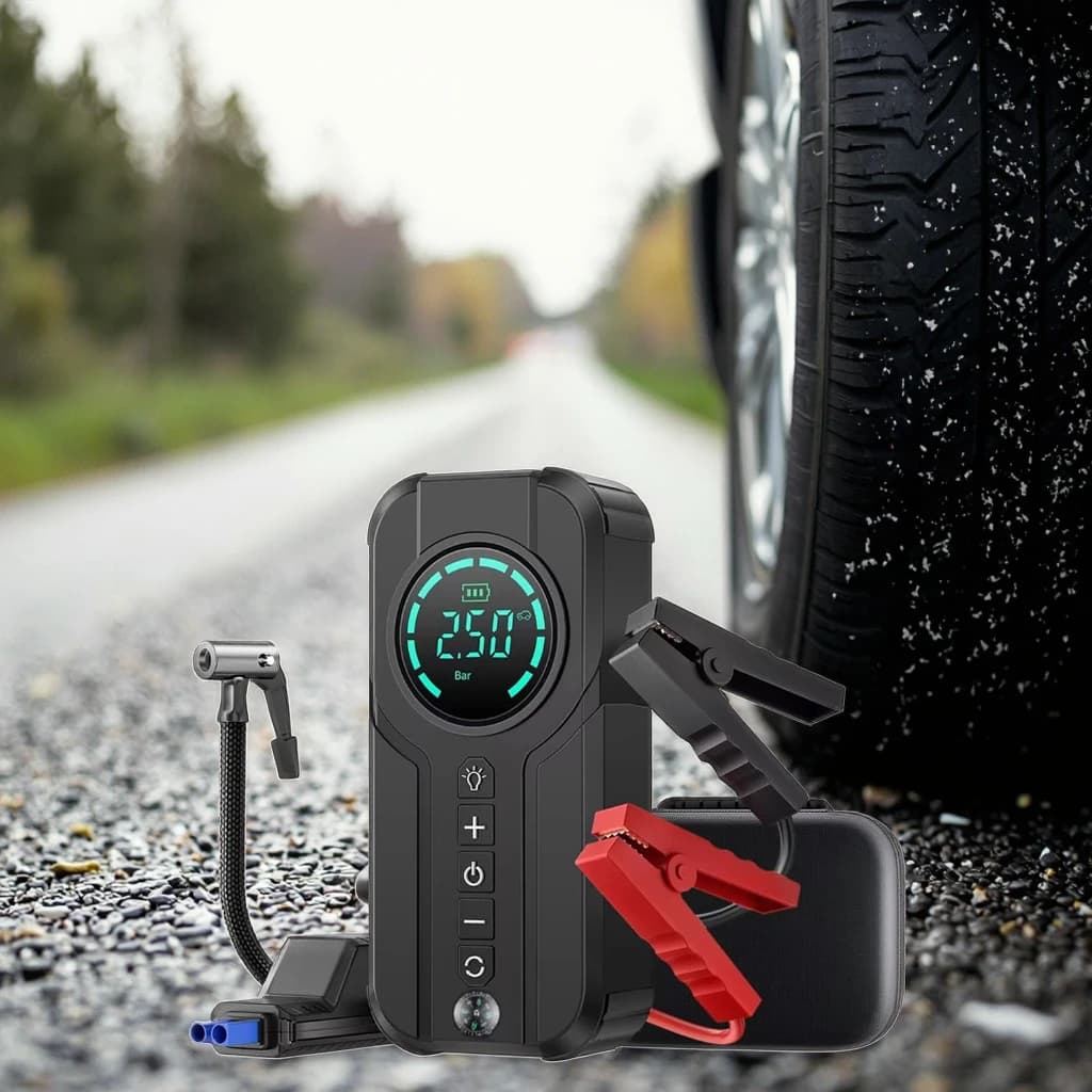 Avviatore d'Emergenza per Auto 16000mAh con Display LCD, Luce di Emergenza, Monitoraggio Pressione Pneumatici, Gonfiaggio Rapido, Starter Portatile ad Alta Potenza