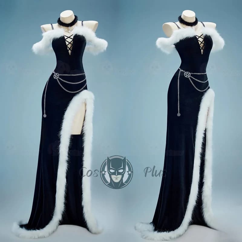 Costume cosplay di Natale Abito da strega gotico da donna Abito sexy in peluche con fionda Guanti Cappello Vestito Abiti da festa di carnevale di Halloween