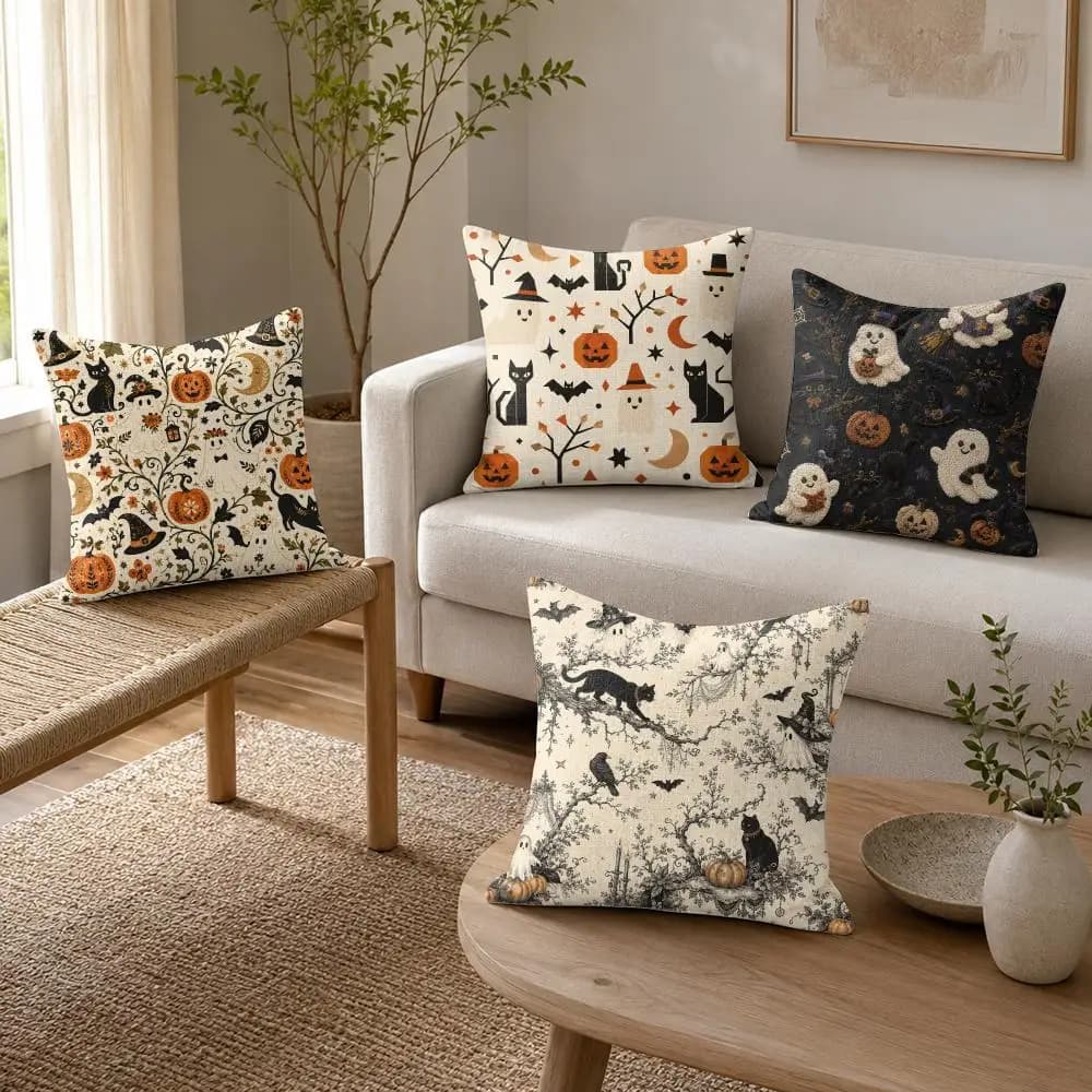 Halloween Ghost Print Cushion Cover Organic Linen Throw Pillow Cover - Double-Sided Print Breathable Cushion Case Home Decor