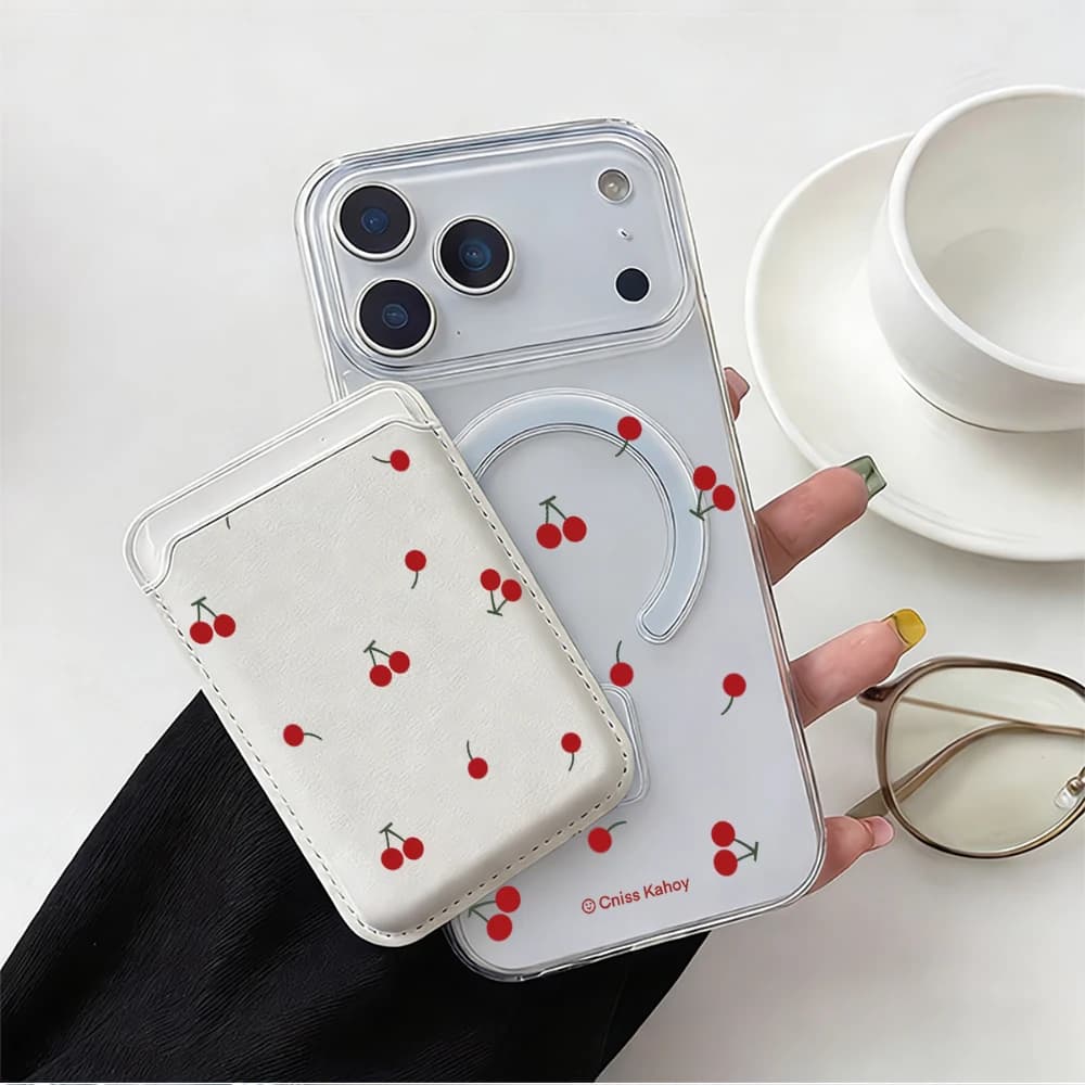Korean Cherry Pattern For Magsafe Wallet Magnetic Card Holder Phone Case For iPhone 17 16 13 15 12 14 Pro Max Plus Air 16E Cover