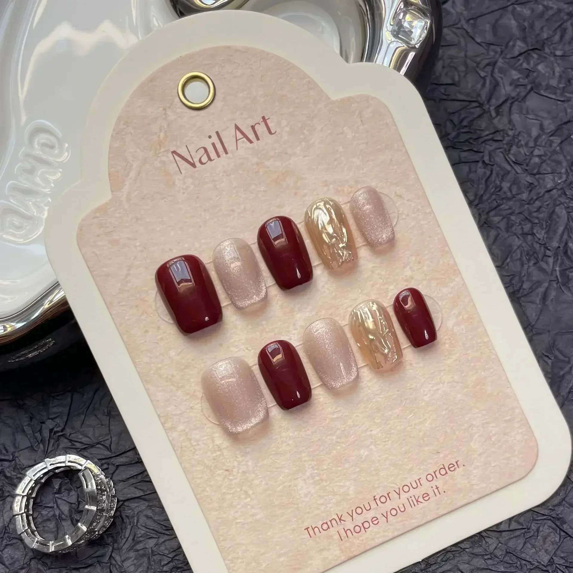 10 pezzi glitter fatti a mano stampa sulle unghie copertura completa occhio di gatto design rosso corto ballerina unghie finte manicure punte per unghie indossabili arte