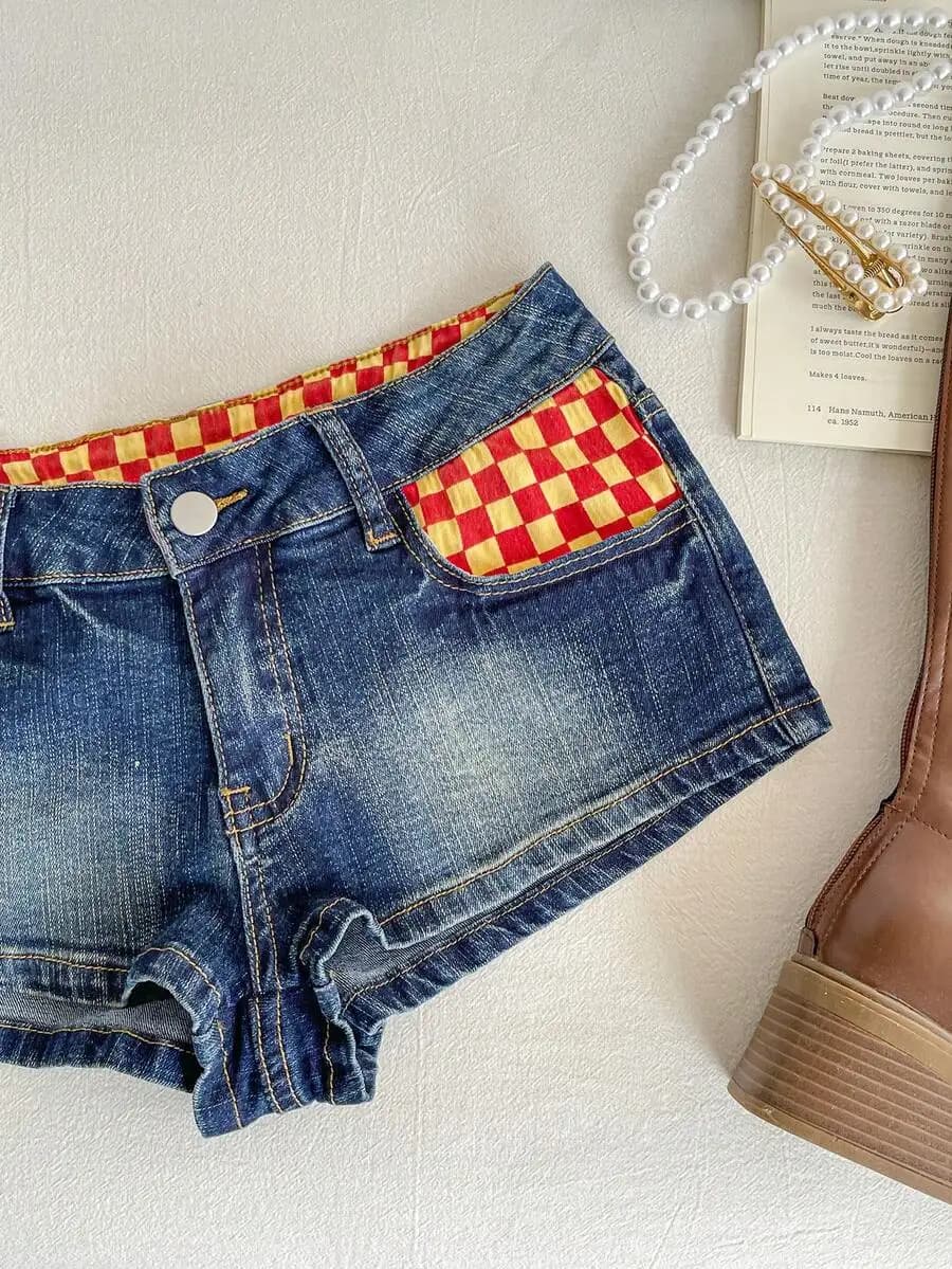Ultra Low Rise Patchwork Plaid Denim Shorts For Women