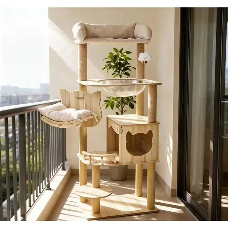 Tiragraffi per Gatti Integrato in Legno Grande Salvaspazio con Cuccia e Postazione per Tirare