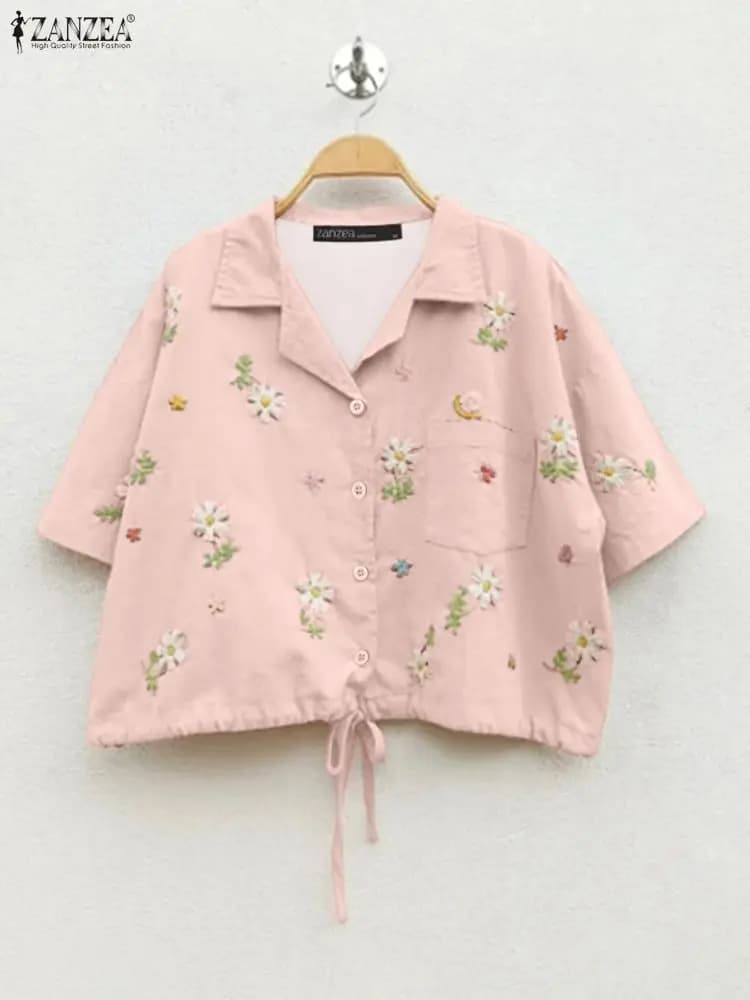 2025 ZANZEA Bohemian Summer Stampa floreale Camicie Camicette da donna Manica corta Tunica casual Top Fasciatura allentata Risvolto Moda Blusas