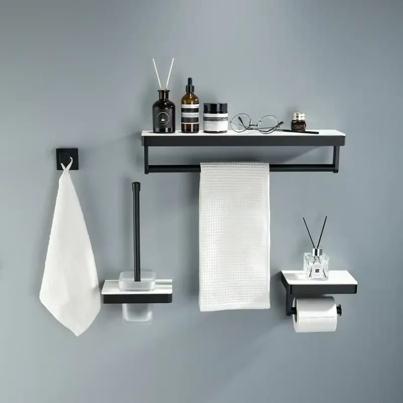 Matte Black Metal Bathroom Hardware Set 4-Piece Wall-Mounted Hanger Towel Bar Square Shape Accessories for Bathroom Supplies