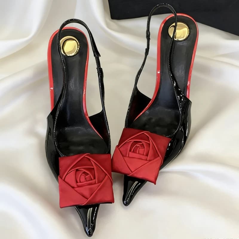 Tacchi Quadrati Decorati con Fiori in Pelle Verniciata per Signore, Scarpe con Punta a Spillo e Cinturino Posteriore, Eleganti Sandali da Sera Firmati