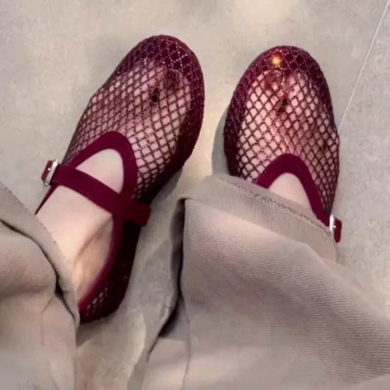 Sandali Baotou con strass intagliati da donna, Nuovi 2026, Scarpe singole Mary Jane intrecciate traspiranti a rete da pesca