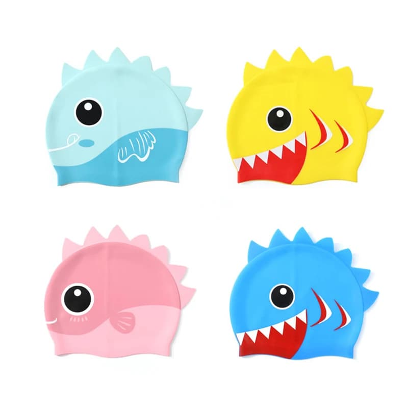 Silicone swim cap Dino with cute fish cartoon for kids Protect your ears Swim hat for boys Girls Swimming Accessories for children
