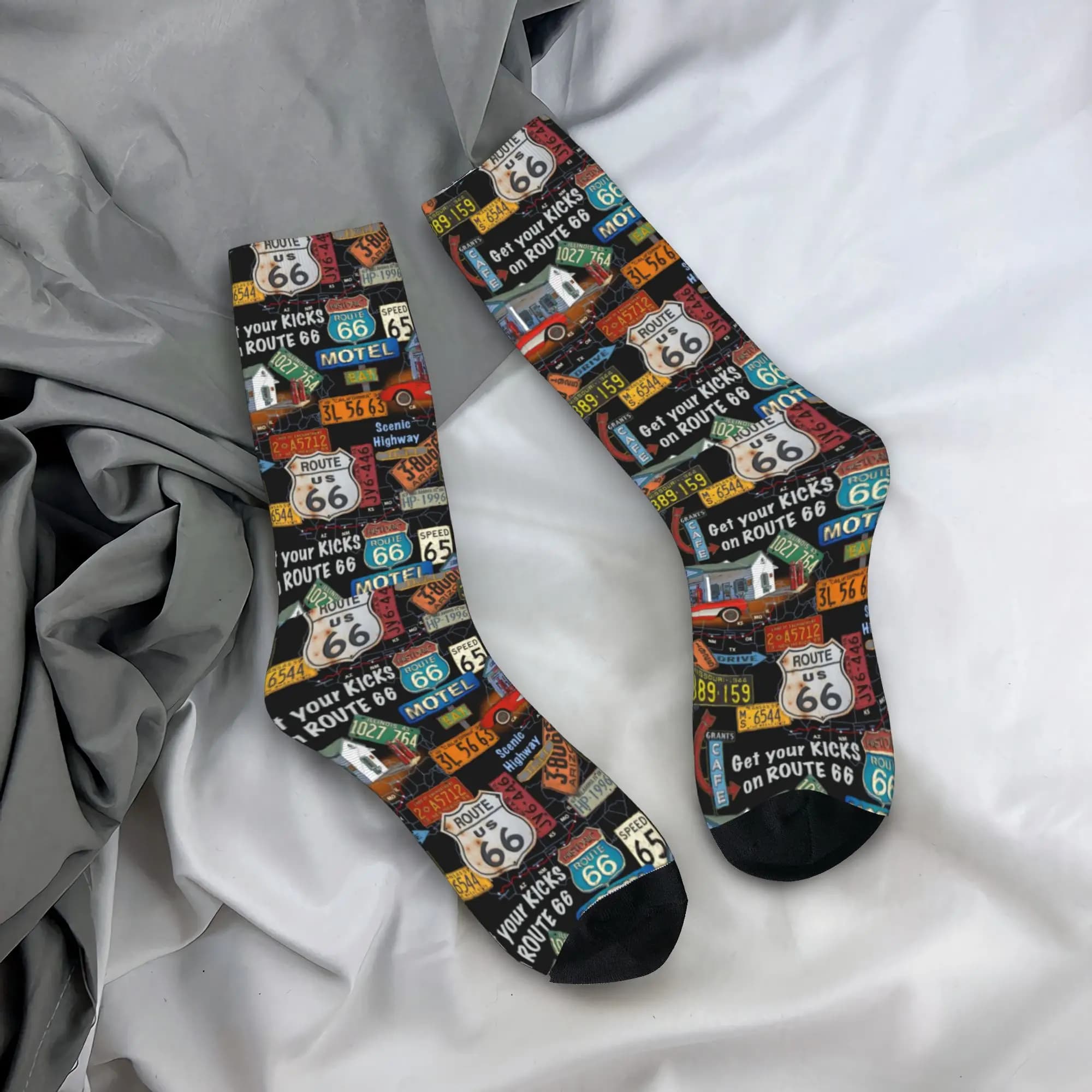 Calzini personalizzati alla moda vintage America Road Route 66 per uomo e donna, calzini sportivi da basket con stampa 3D caldi