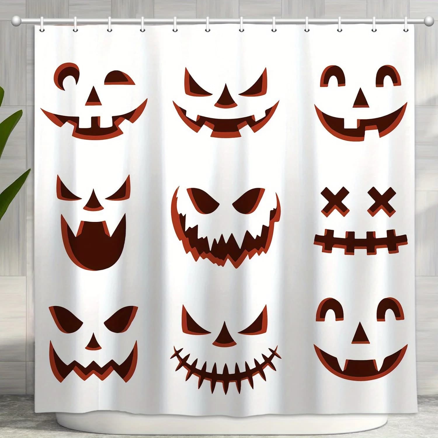 Tenda da doccia di Halloween: facce carine con sorriso malvagio, design autunnale bianco, tessuto in poliestere impermeabile, lavabile in lavatrice