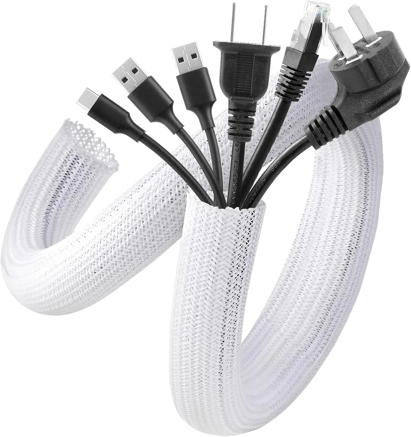 Cable Sleeve 2 Pack 5ft, 1.2 Inch Cord Cover Organizer, Wire Hider for Desk Computer TV, Pet Proof Cord Protector from Cat Dog Chewing, White