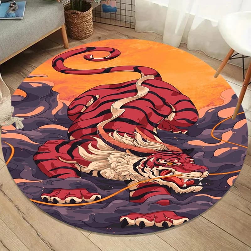 Tiger Print Round Carpet Retro Alphabet Pattern Rug for Living Room Bedroom Soft Floor Mat Bold Art Home Decoration
