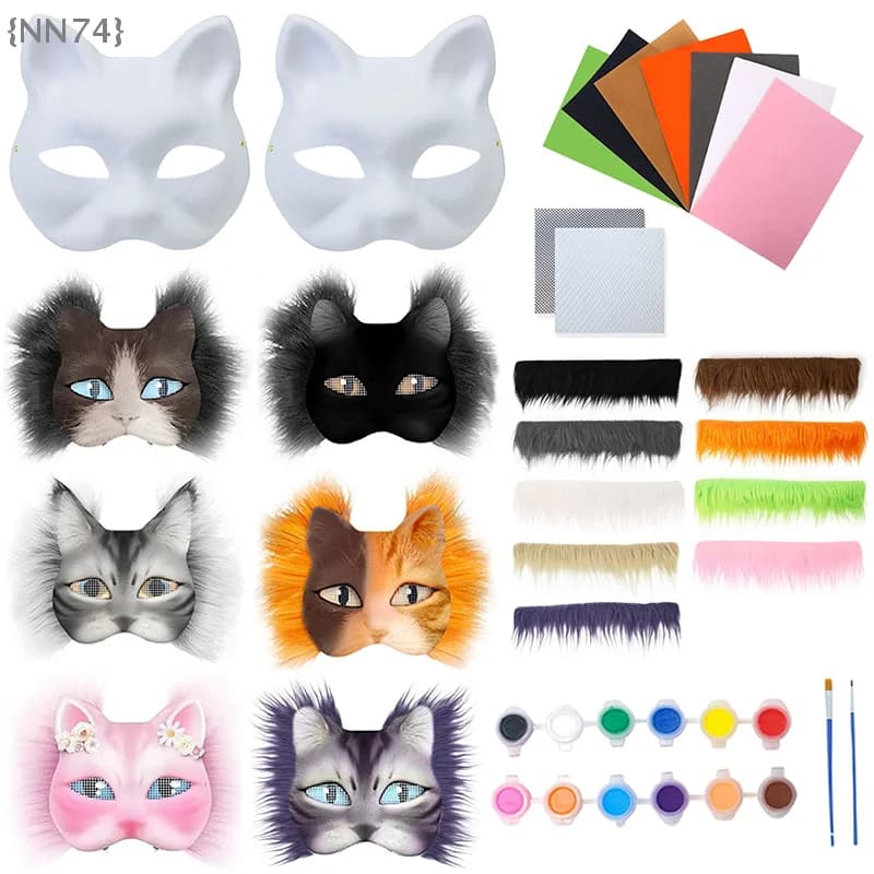 【Ja】Kit Maschera Mezza Faccia Therian Dipinta a Mano Fai-da-Te, Set di 3 Maschere Animali Vuote per Graffiti, Gatto, Volpe, Regali per Feste e Cosplay