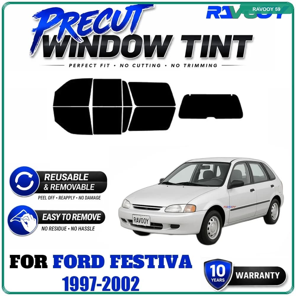 RAVOOY Precut Window Tint, Reusable Removable EPU Film, Custom Fit for Ford Festiva 1997-2002, UV Heat Protection