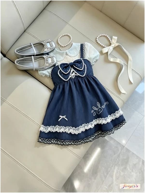 Abito estivo coreano carino da ragazza, vestito ampio con colletto a bambola e inserti in rete, a maniche corte, con vita naturale, per l'uso quotidiano da donna