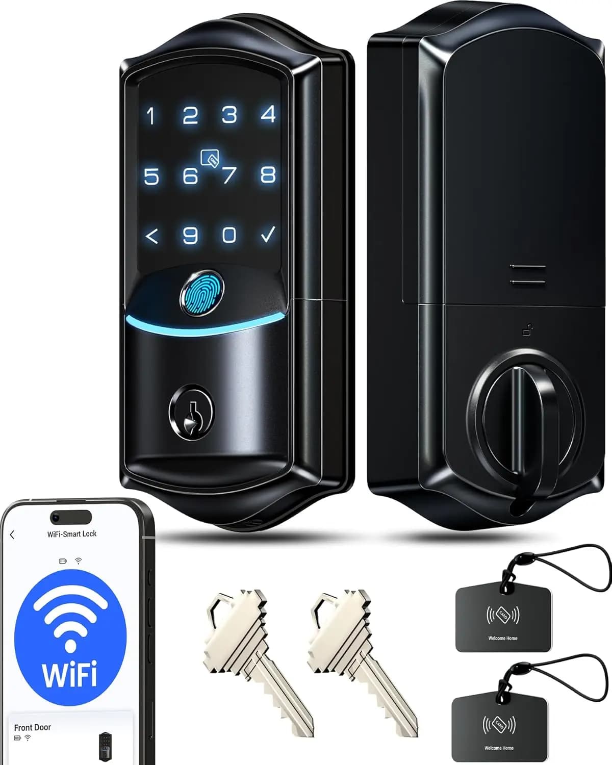 Serratura Intelligente con Wi-Fi, Tastiera con Impronta Digitale, Controllo App e Vocale, Nessun Hub Necessario, Impermeabile Nero Opaco