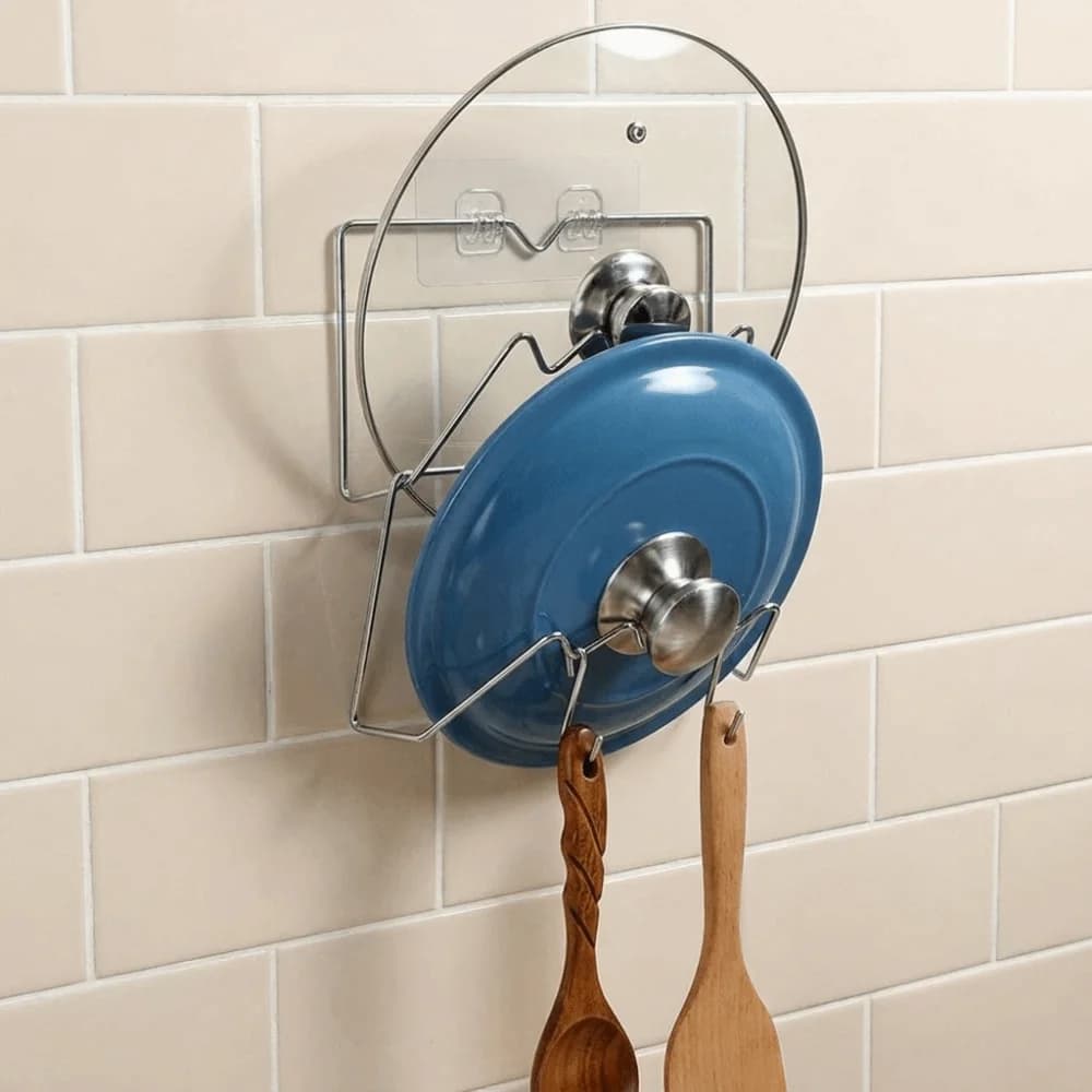 Stainless Steel Pot Lid Rack Wall Mounted Rustproof Cutting Board Storage Rack Self Adhesive with Drainage Tray Pot Cover Shelf