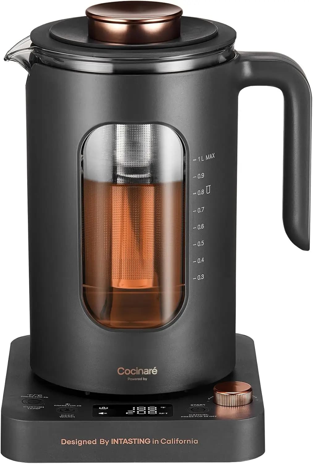 Bollitore Elettrico in Vetro con Infusore e Controllo della Temperatura, 1L, Riscaldamento Rapido 1200W, Senza BPA