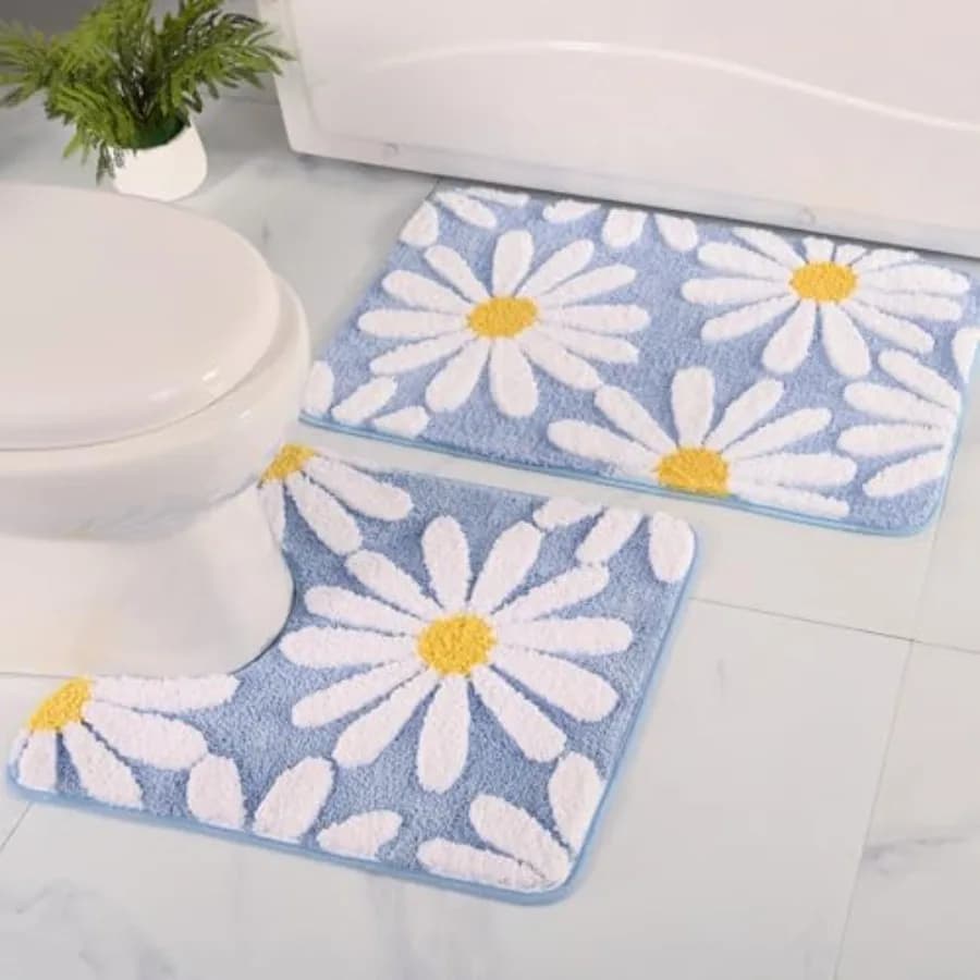 Set Tappeti Bagno 2 Pezzi, Simpatico Tappeto da Bagno a Margherita, Tappeto WC a Forma di U, Set Bagno Floreale Decorativo, Tappetino Antiscivolo Sagomato Super Assorbente