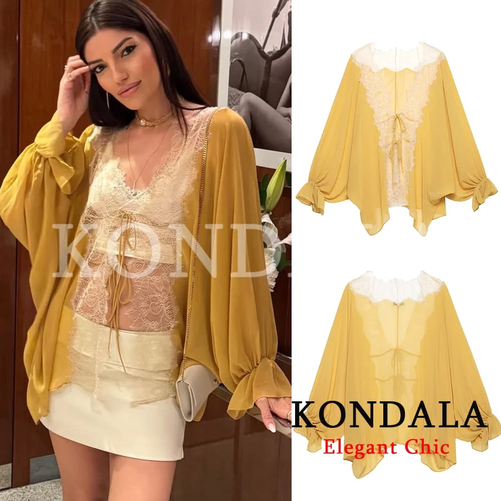 KONDALA Women Elegant Holiday Patchwork Lace Shirts See-Through Shirts New Fashion 2026 Spring Summer V-Neck Lace-up Mujer Shirt