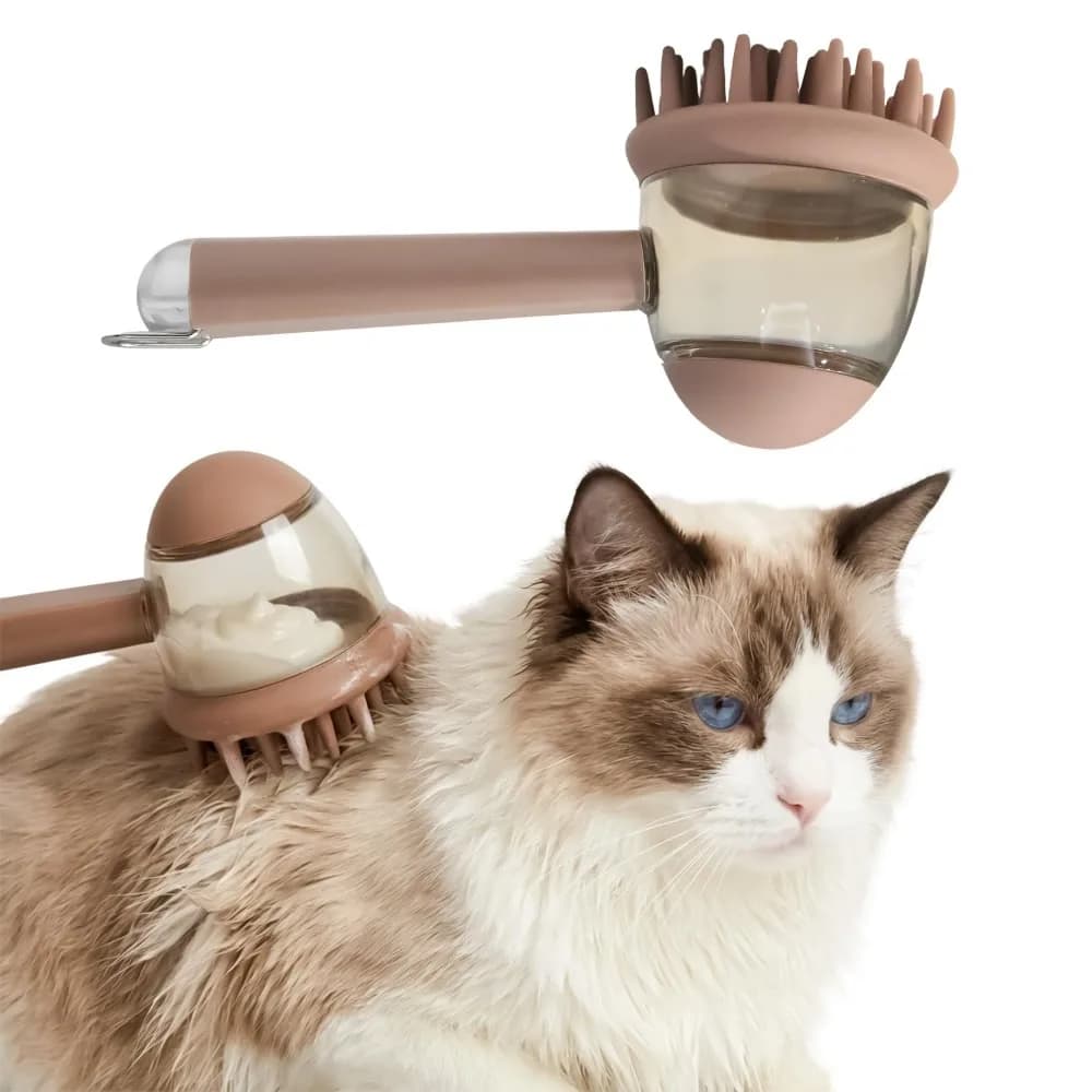 Gentle Silicone Grooming Brush for Small Pets with Shampoo Dispenser and Comfort Grip