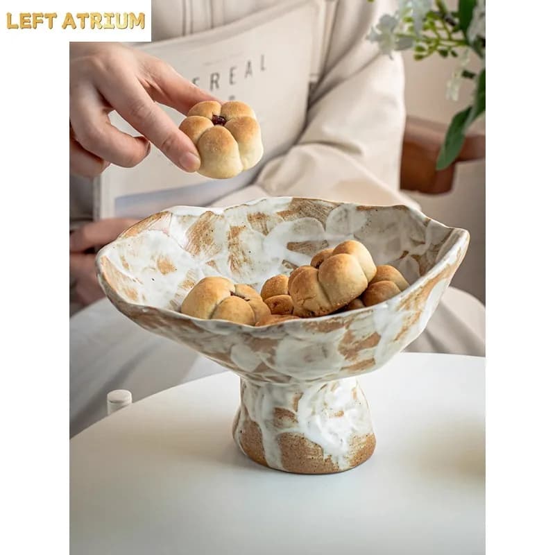 Beautiful High Footed Flower Plate Retro Rough Pottery Dried Fruit Plate Home Creative Ornament