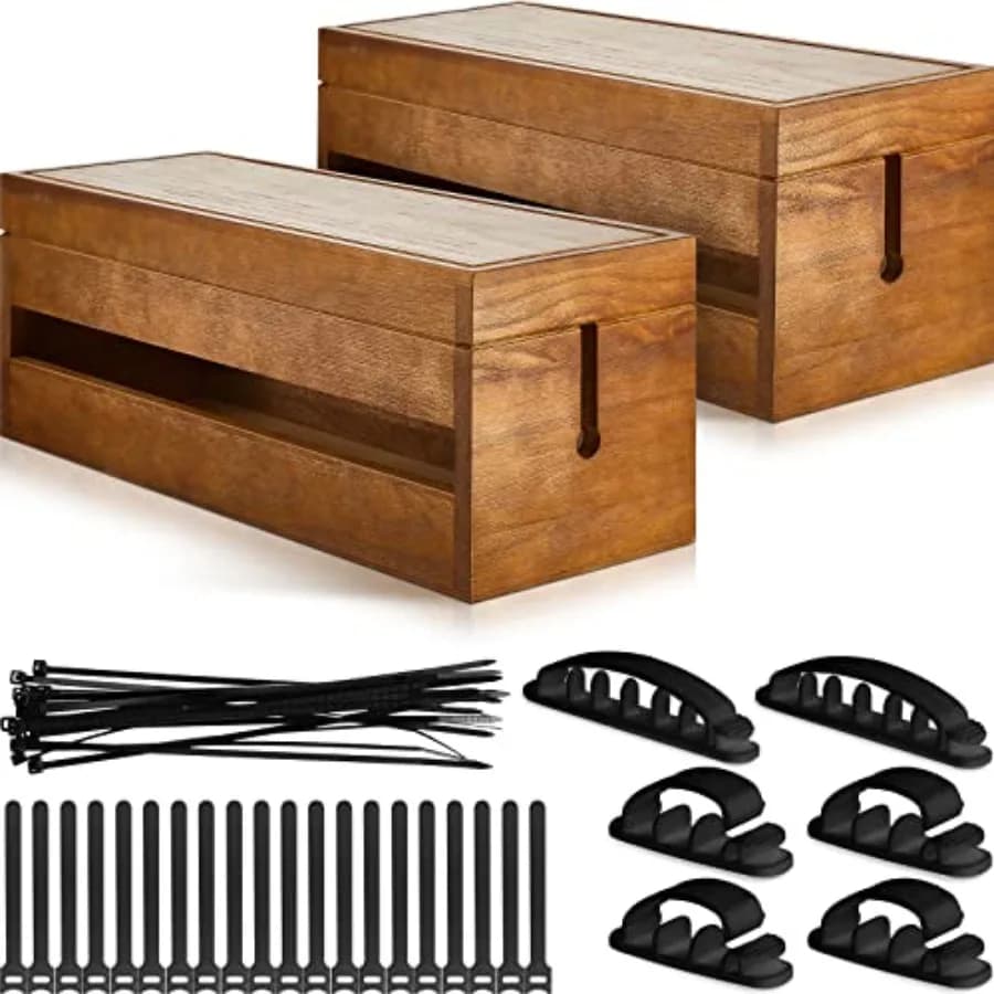 Set da 48 Pezzi di Scatole Organizzatrici per Cavi in Legno, Supporti per Multipresa, Clip Nascascavi, Fascette Adesive per Gestione Cavi