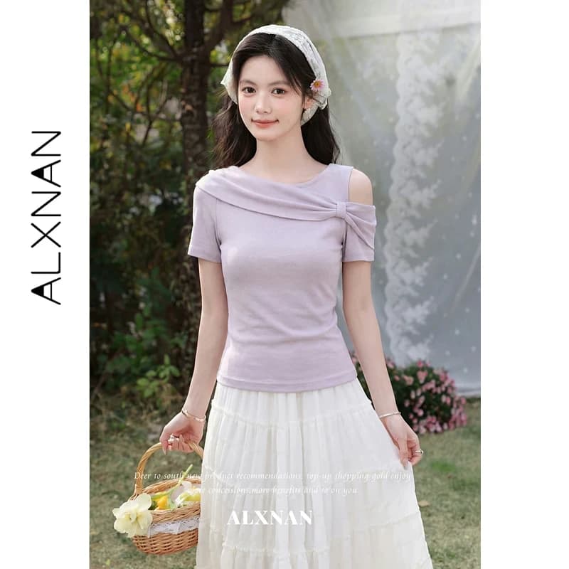 ALXNAN T-shirt viola con scollo obliquo asimmetrico, t-shirt a maniche corte con fiocco sullo spalle, top casual estivo da donna L638129