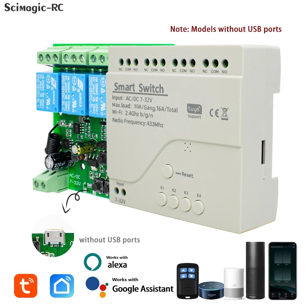 Modulo Relè Smart WiFi Tuya a 4 Canali, Interruttore Wireless 7-32V 85-250V 220V 110V 2200W RF433 10A, Ricevitore a 4 Vie per Alexa