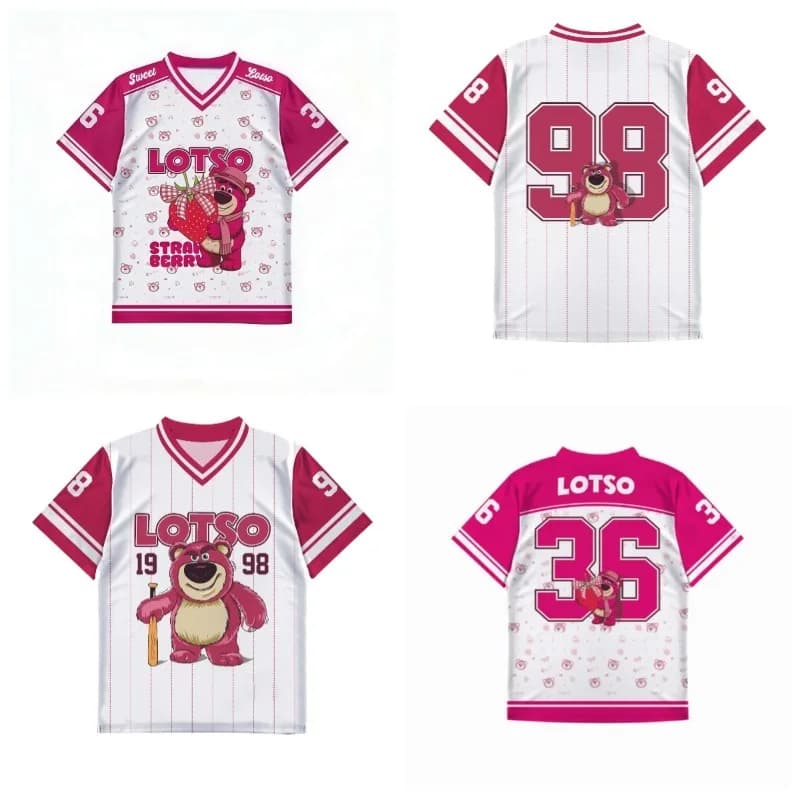 T-shirt Estiva Rosa con Orsetto Fragola, per Ragazze, Adulti e Bambini, con Scollo a V, alla Moda, Stile Baseball, Sportiva e Casual