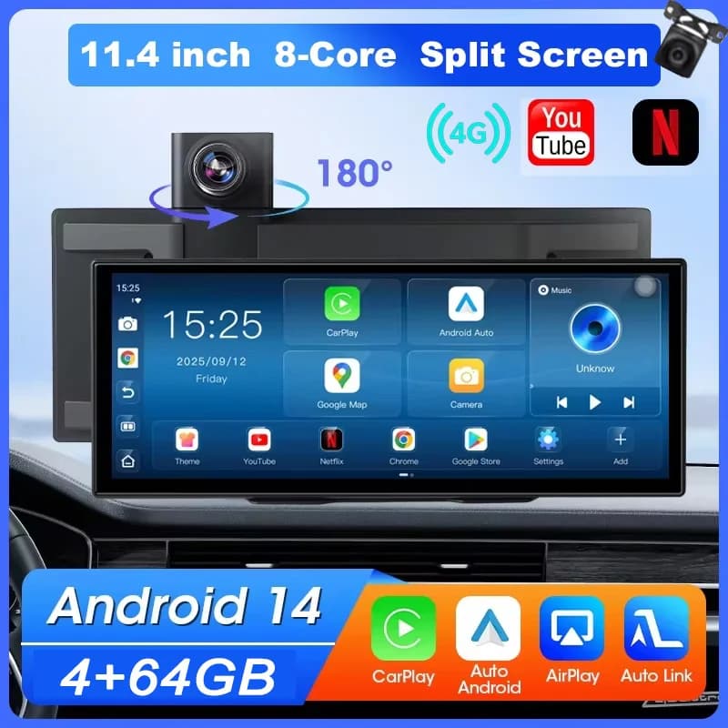 Dashcam 11.4 Inch 4G Android 14 8+128G, 8 Core, CarPlay and Android Car Wireless, Split Screen, Remote Monitoring, DVR for Auto