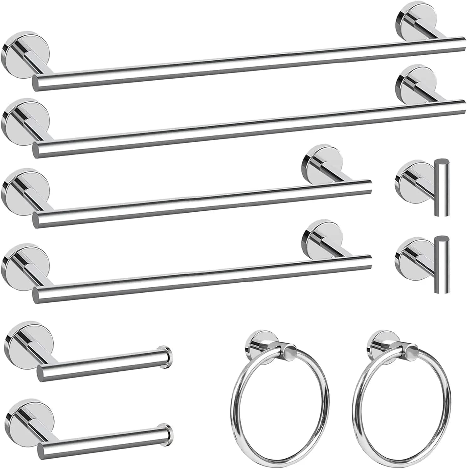 10-Piece Chrome Bathroom Hardware Set: 2x 5-Piece Sets with 24" Towel Bar, Towel Ring, TP Holder, Hook