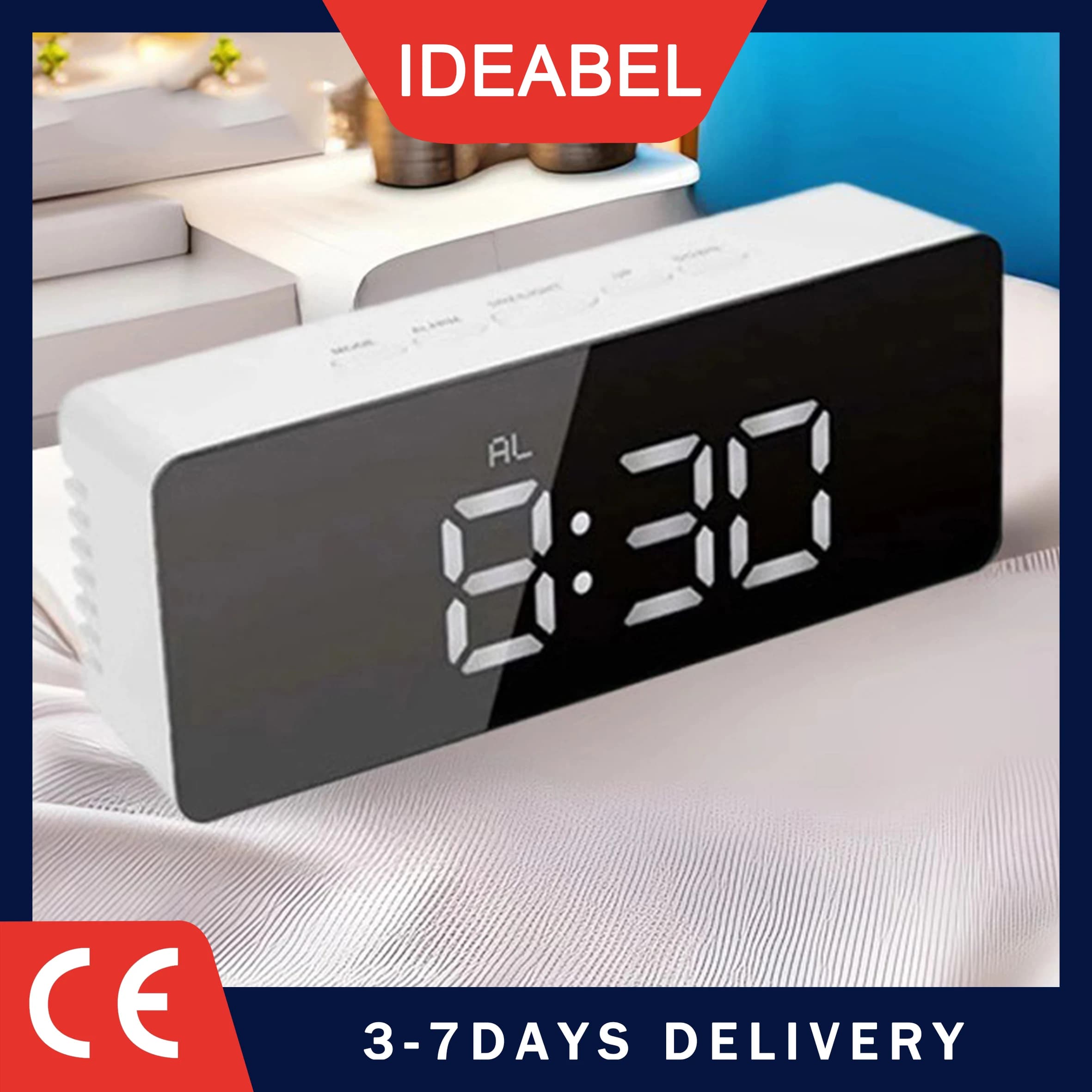 IDEABEL Mirror LED Digital Alarm Clock with Temperature Display and Smart Night Light for Bedroom, Makeup Vanity and Office Use