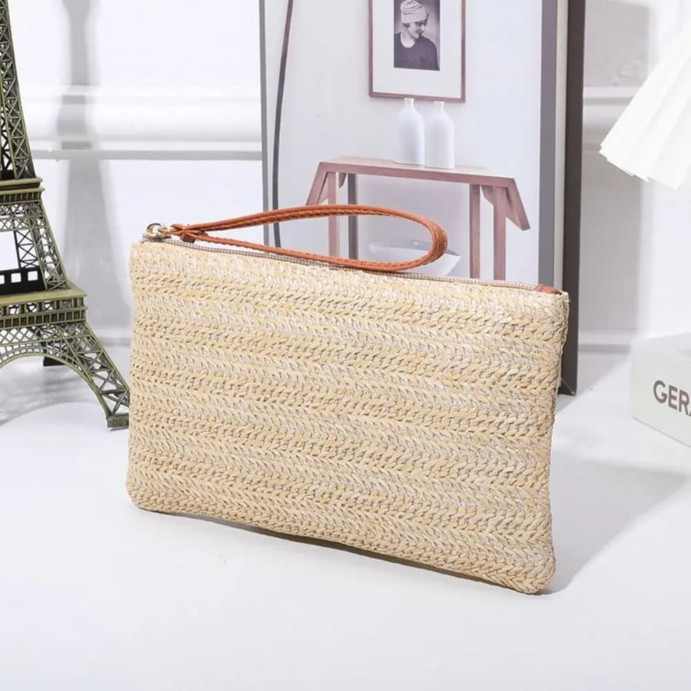 Borsa da donna alla moda con cinturino da polso, pochette da donna, per soldi quotidiani, pochette per telefono, portamonete in paglia intrecciata, porta carte da spiaggia