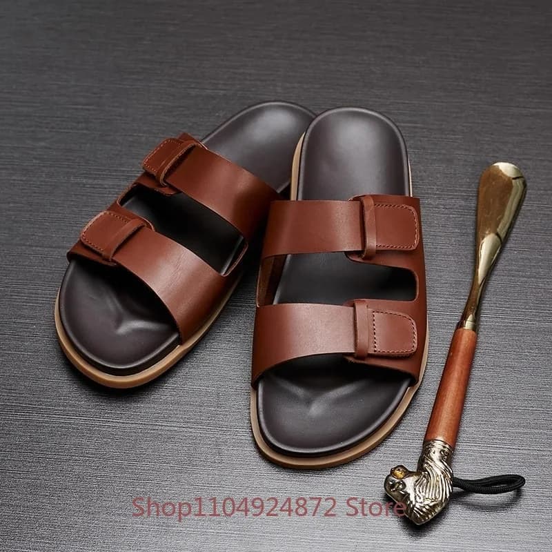 Men's Slippers for Summer Outdoor Wear Trendy Slip on Fashion Casual Beach Sandals Male Genuine Leather Non Slip Flat Sole