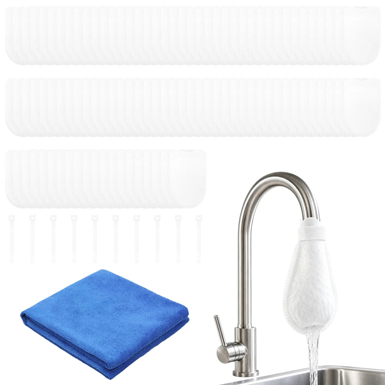 100 Pcs Faucet Filter Bag Splash Reduction Soft Faucet Filter Cotton Tap with Cable Tie and Towel Tap Water Filter Bags for Home