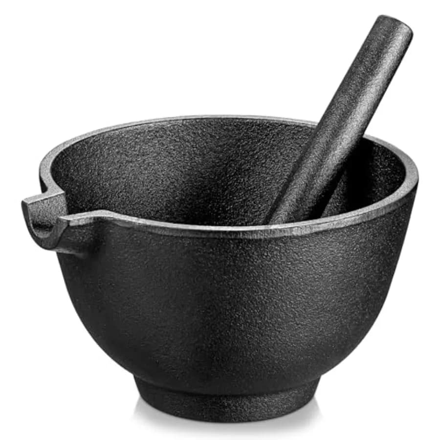 Set di Mortaio e Pestello in Ghisa, Pestello da 6,5 cm e Mortaio da 3 Tazze, Non Poroso, per Macinare e Schiacciare Spezie in Cucina