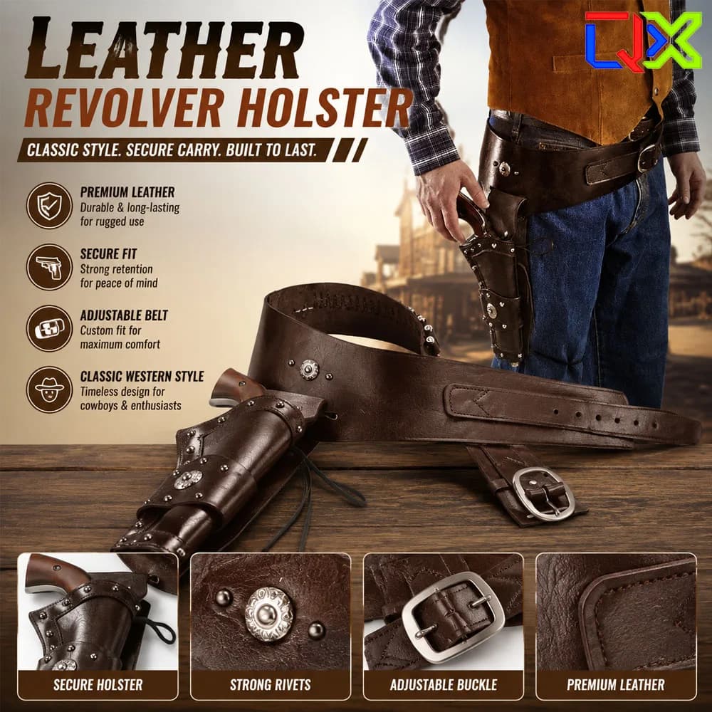 QX Vintage Leather Western Holster Belt Pirate Cowboy Cosplay Revolver Pistol Holder Costume Accessory