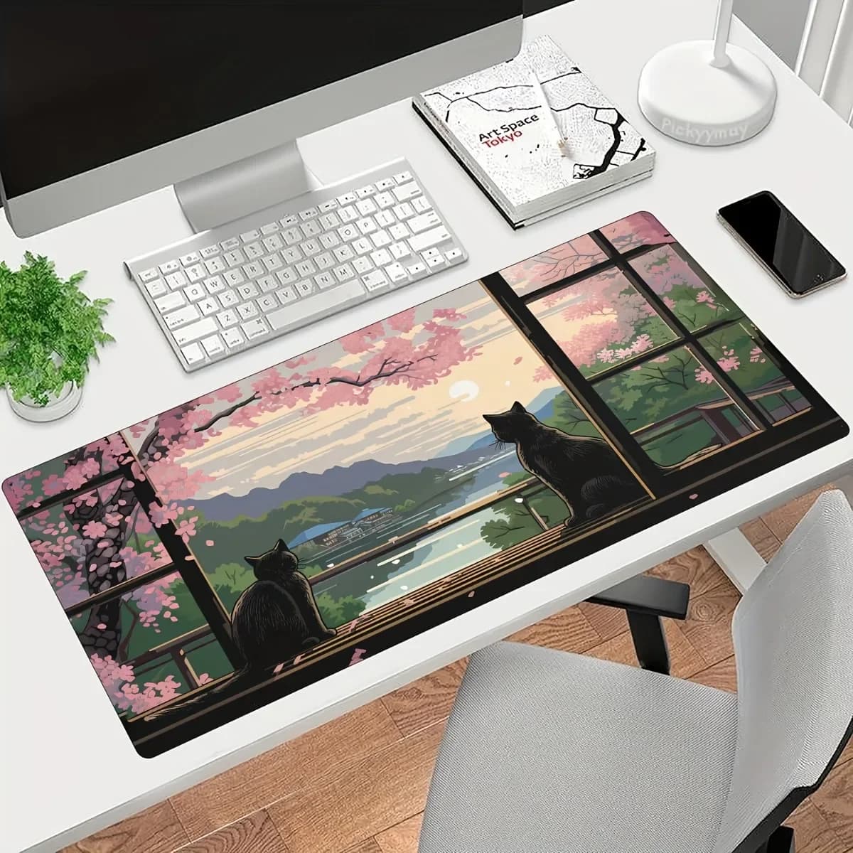 Japanese Cherry Blossom Black Cat Gaming Mouse Pad Non Slip Rubber Base Stitched Edges Smooth Desk Mat for Home Office Decor