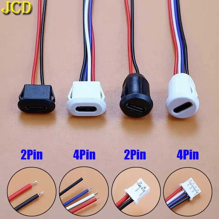 JCD 5 Pezzi Connettore Femmina USB Type-C 2Pin 4Pin Nero Bianco con Terminale PH2.0 Cavo Saldato Fai-da-te Porta di Ricarica