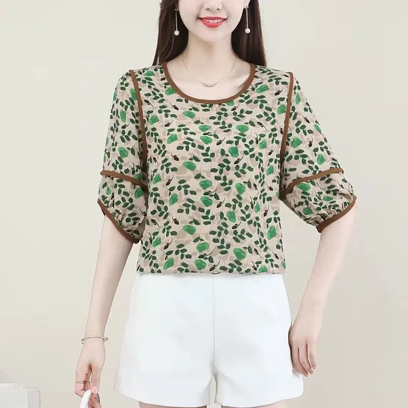 Women's Clothing Blouse with Broken Flowers Casual Short Sleeve Summer Prairie Chic Bright Line Decoration Base Printed Shirt