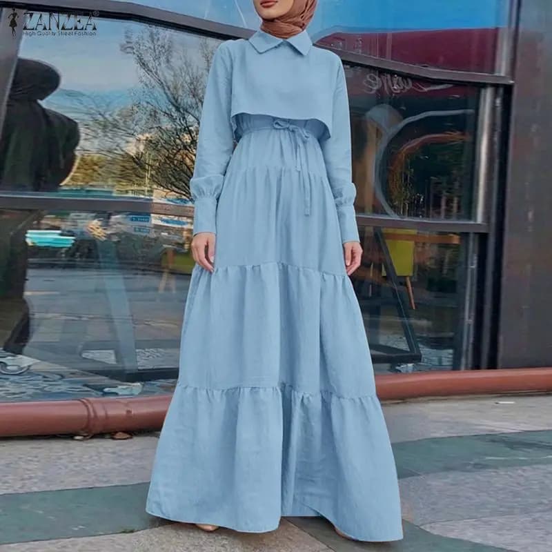ZANZEA Women Muslim Maxi Dress Long Sleeve Abaya Kaftan A-Line Belted Elegant Turn Down Collar Vestidos Streetwear