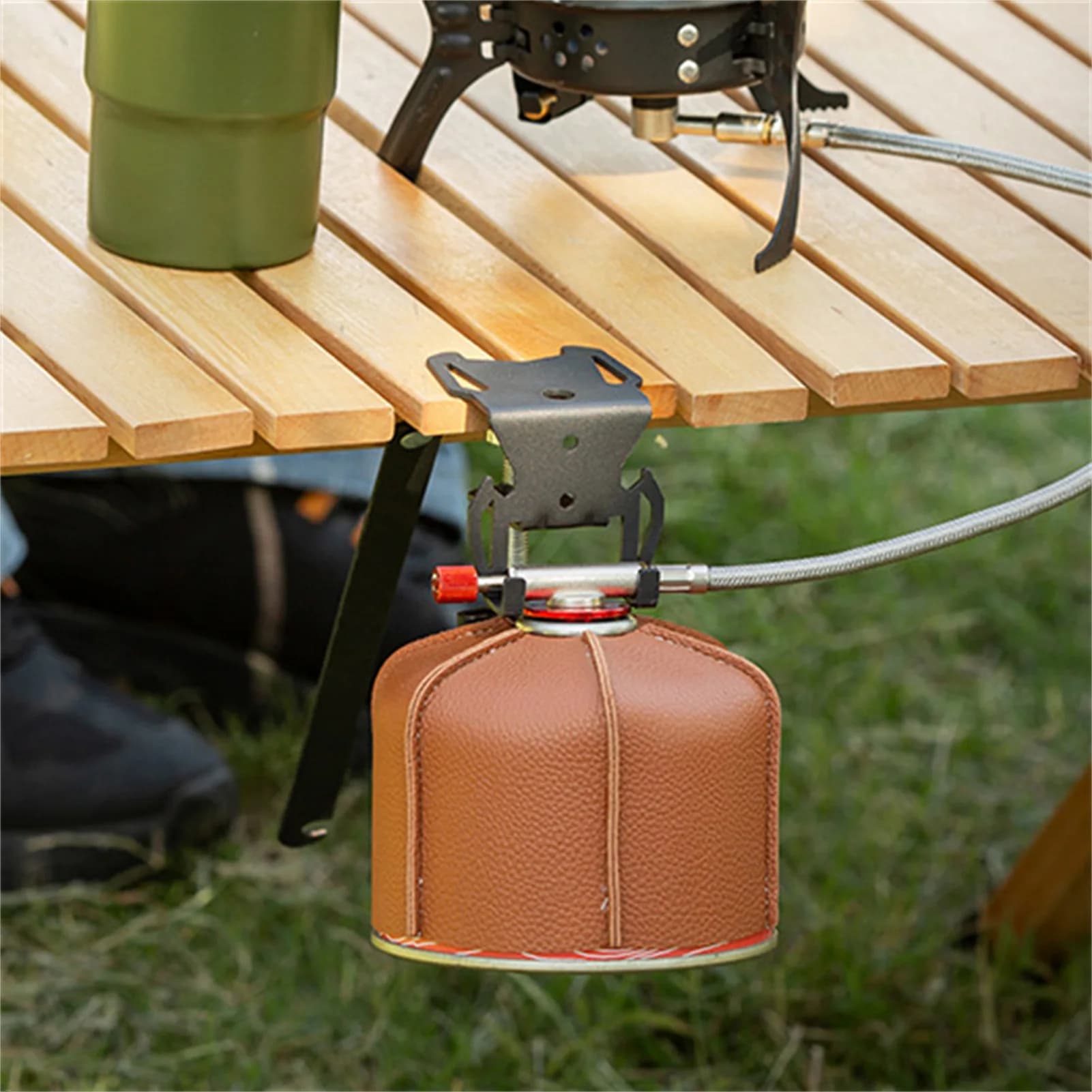 Gas Canister Hook for Camping Outdoor Mount Bracket Compatible with Drop Leg Tables No Drill Clamp Design Adjustable Angle Metal
