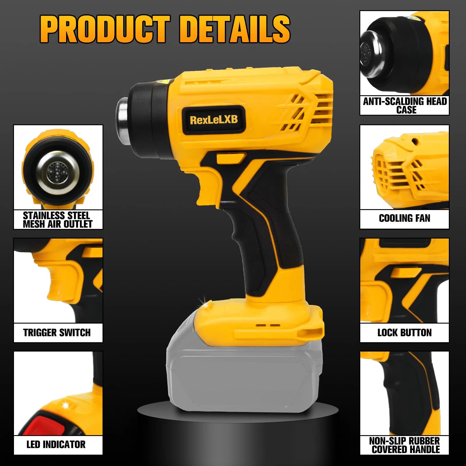 Pistola Termica Portatile Senza Fili 400W, Riscaldamento Rapido, Ricaricabile, Temperatura Regolabile, Compatibile con Batteria Dewalt 20V