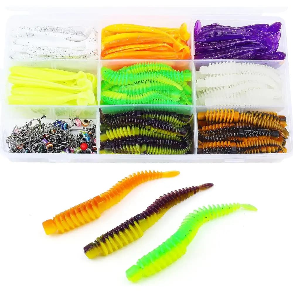 130/260 soft fishing baits multicolored worms set with storage box equipment for silicone threaded baits plastic bait equipment f
